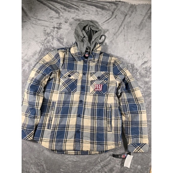 NWT New York Giants‎ Hooded Quilt Lined Plaid Thick Shacket Jacket Men's Medium